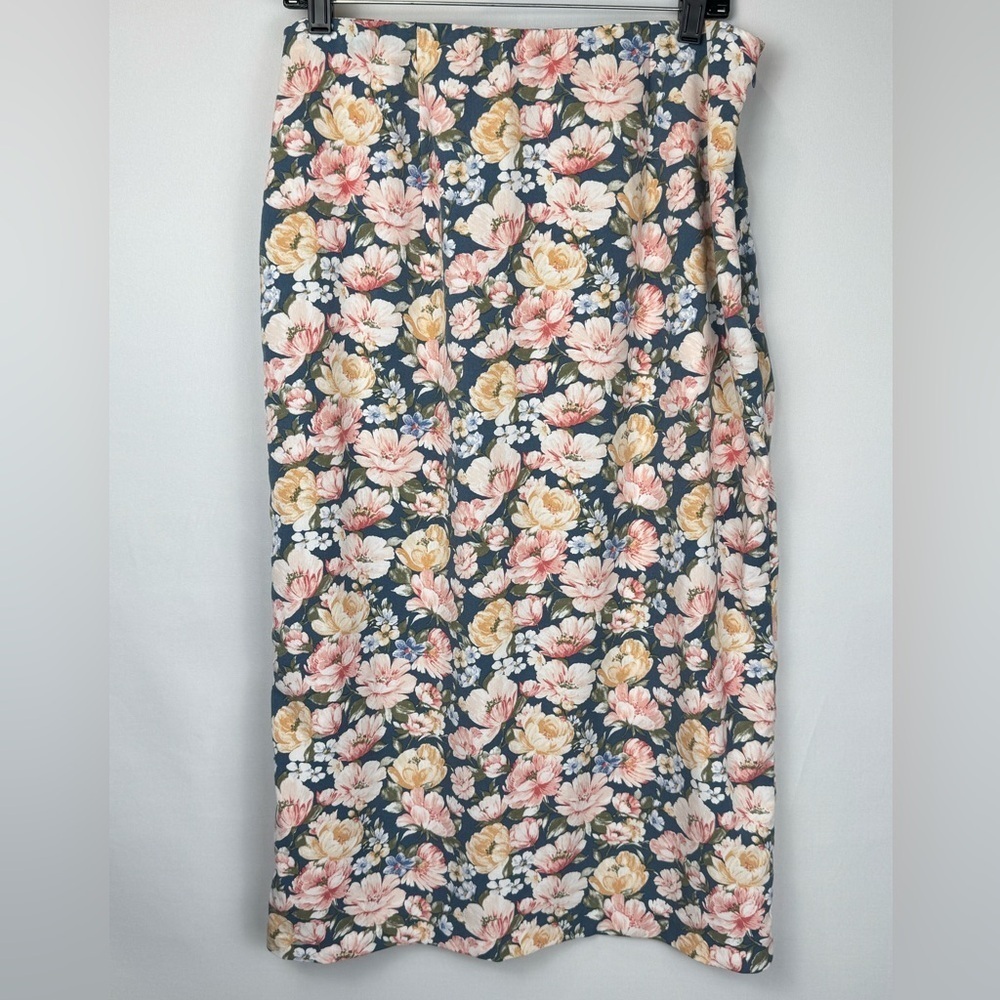 Abercrombie & Fitch Midi Wrap Skirt High Front Slit Blue Floral Large Preppy - Picture 4 of 6